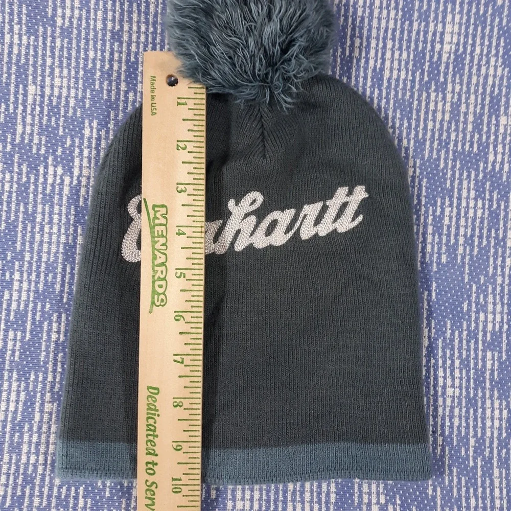 Carhartt Beanie Hat Pom Pom Bobble Knit Gray Spellout Womens One Size Fits All